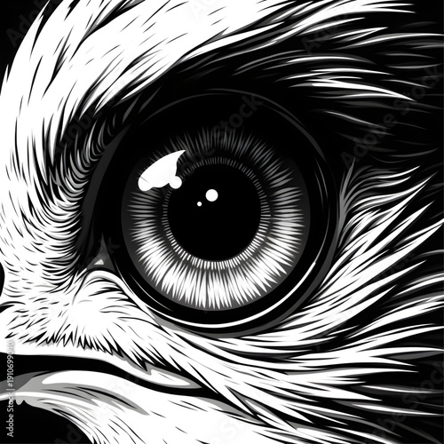 Intense Owl's Gaze: A close-up monochromatic illustration of an owl's eye, with striking details. The artwork encapsulates the predatory power and wisdom of the bird. 