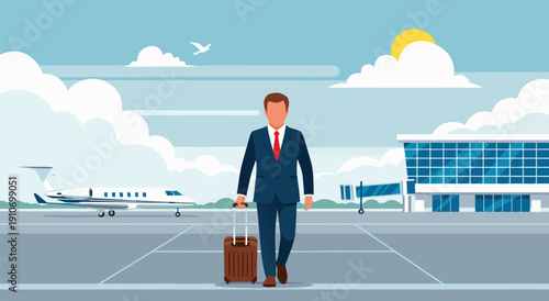 Business man walking with suitcase on airport tarmac, vector illustration, professional travel