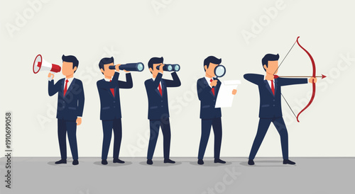 Business success vector illustration showing teamwork, strategy and vision for achieving goals with modern professionals