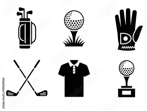 Set of six minimalist black and white golf icons, featuring equipment like clubs and tournament trophies