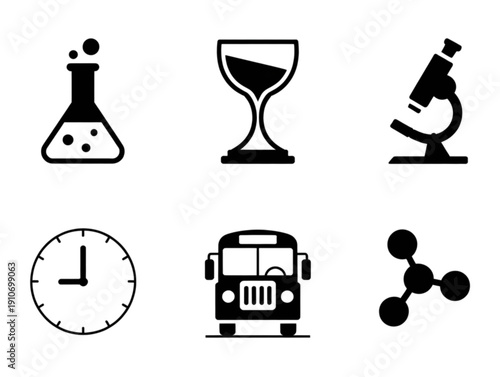 Set of six black and white science icons, featuring laboratory flasks, microscopes, and school bus symbols