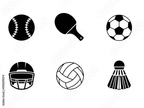 Set of six black and white sports icons, featuring baseball, ping pong, soccer, and volleyball equipment