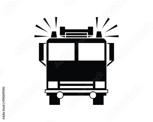 Black and White Fire Truck Icon with Sirens Blaring and Lights Flashing
