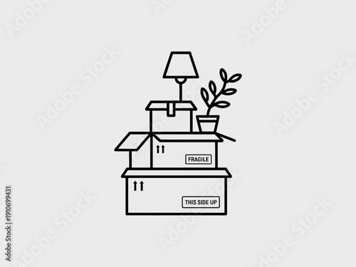 Simple line drawing of stacked boxes with a lamp and plant.