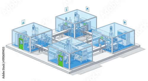 Modular cleanroom system for pharmaceutical manufacturing with integrated processing units and automated material handling.