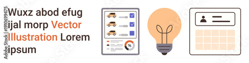 Business planning, innovation, identity verification, information design, decision-making, ideas generation. Image shows forms, a lightbulb and profile card icons. Planning and innovation
