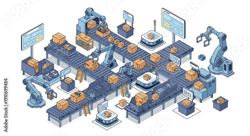 Automated factory assembly line with robotic arms, conveyor belts, and boxes, illustrating modern industrial automation.