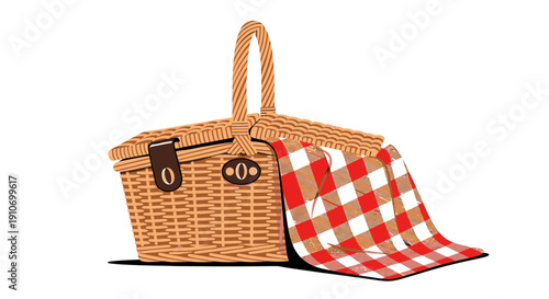 Wicker picnic basket with red and white checkered blanket.