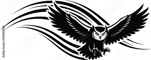 Dynamic black and white owl flying silhouette with tribal swoosh motion lines for aggressive sports mascot logo or vinyl car decal vector illustration