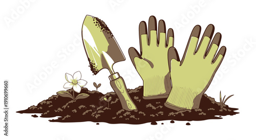 Gardening gloves and shovel in the soil with a small flower.