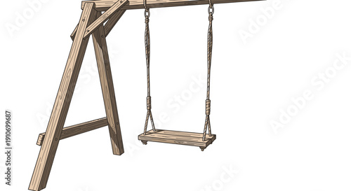 Wooden swing hanging from a sturdy A-frame structure.