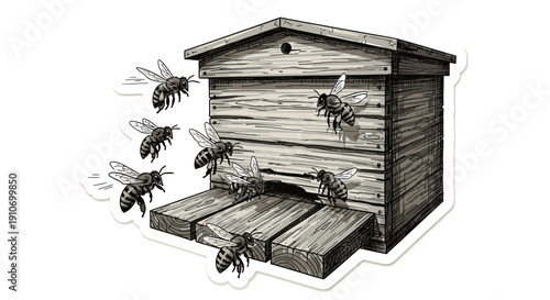 Bees flying around a wooden beehive with a simple roof and entrance.