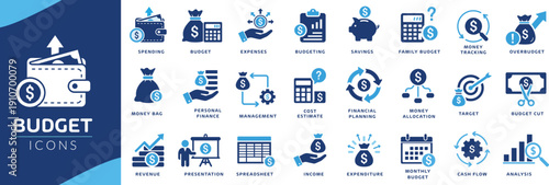 Finance icon set. Accounting icon set. Budget icon set featuring money management, expenses, savings and financial planning symbols for business and accounting design