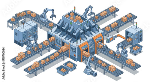 Automated factory assembly line with robotic arms and conveyor belts processing packages.