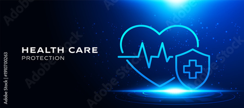 Healthcare protection concept with heart shield and medical cross icon in digital technology style. Blue dark background vector illustration for insurance healthcare and medical innovation design.