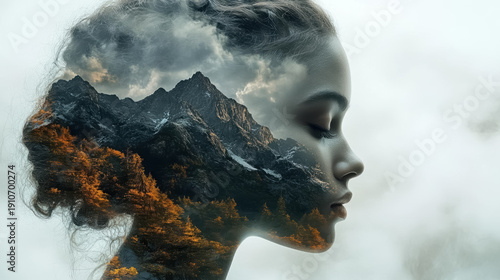 Double exposure of a woman's head with mountains in the background
