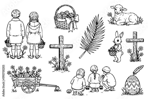 A diverse collection of Easter elements: children with baskets, a lamb, a bunny, wooden crosses with flowers, and decorated eggs. Detailed black and white hand-drawn vector doodle set.