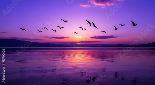 A flock of birds flying over a serene lake at sunset with purple hues