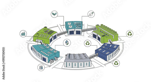 Circular economy model illustrating interconnected industrial facilities and sustainable practices.
