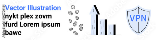 Online privacy, data protection, financial security, internet safety, cybersecurity, business growth. A shield reading VPN, falling coins and upward-trending buildings. Online privacy and data