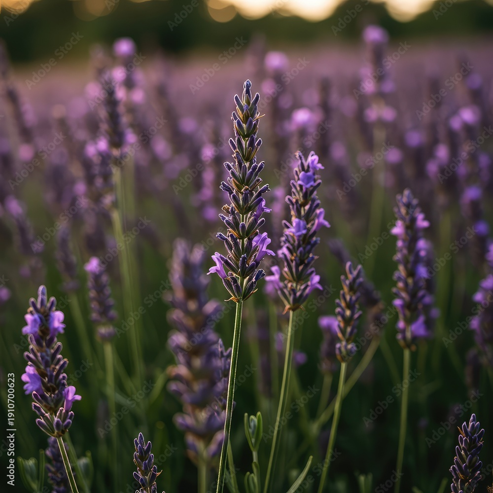 Obraz premium Beautiful purple flower spikes of lavender bathed in golden summer light, suggesting calm relaxation and natural fragrance ,aromatic ,lavandula ,nature