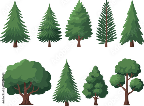 Collection of Hand Drawn Evergreen and Deciduous Trees Vector Illustration Set Isolated on White Background for Forest, Nature, Landscape Design Projects Clipart and Branding Use