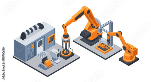 Automated industrial manufacturing facility with robotic arms and advanced machinery.