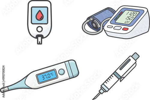 Colorful Medical Devices Set with Glucose Meter Blood Pressure Monitor Digital Thermometer and Insulin Syringe Healthcare Vector Illustration