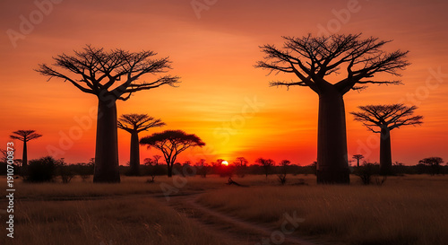 Baobab trees silhouetted against vibrant orange african sunset with dirt road