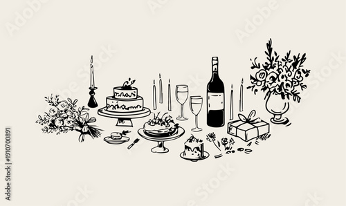 Minimalist hand drawn food and drink vector illustration. Wine, champagne glass, cheese, cake drawings for wedding invitations, menus and parties. Ink doodle sketch style