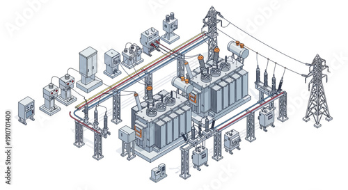 Isometric illustration of a complex electrical substation with transformers, power lines, and control equipment.