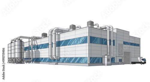 Modern industrial factory building with large windows and complex piping systems, featuring storage silos and a delivery truck.