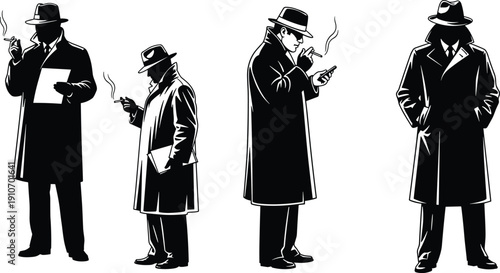 Film noir detective silhouettes wearing trench coats and fedoras, mysterious smoking spy characters illustration for crime investigation themes, vintage mystery branding and cinematic storytelling 