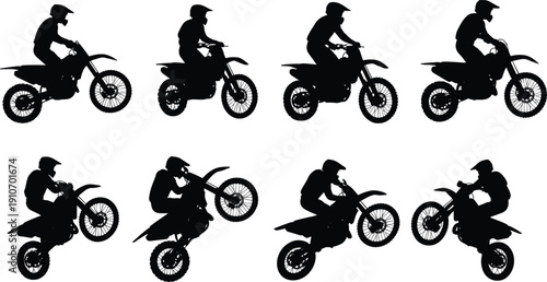 Collection of motocross rider silhouettes performing jumps and wheelies on dirt bike isolated on white background, extreme sports action motorcycle stunt set
