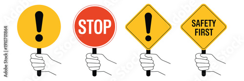 Outline caution icons in red and yellow illustrating safety alerts, traffic warnings, prohibition, and hazard symbols for design