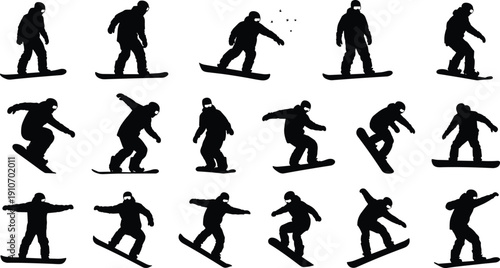 Large Collection of Black Silhouette Snowboarder Figures Performing Various Action Stunts Jumps and Poses Isolated on White Background for Winter Sports Graphic Design Projects