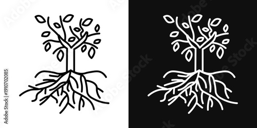 Tree with roots and leaves icons - editable stroke vector illustration