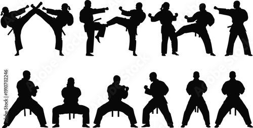 Martial arts fighter silhouettes showing karate kicks punches and stances, combat training poses illustration set for self defense sports fitness and dojo branding