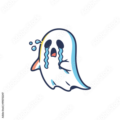 Crying ghost in cartoon style with blue tears and white background for halloween illustration