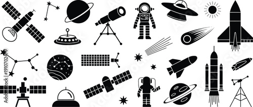 Black and White Space Exploration Vector Icon Set Featuring Rockets Satellites Astronauts Planets UFOs Telescopes and Stars for Science Technology and Astronomy Graphic Design Projects