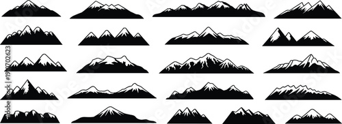 A comprehensive collection of black and white mountain silhouette vector icons with snow peaks and rugged terrain isolated on white for outdoor travel des