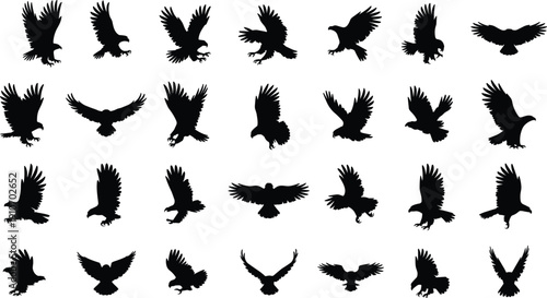 Black Eagle Silhouettes Collection Featuring Predatory Birds in Flight, Soaring Hawks, Majestic Falcons, and Vector Icons of Wild Raptors Isolated on White Background for Design