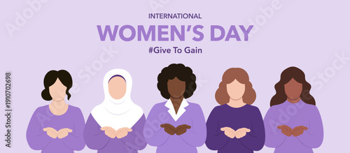 #Givetogain campaign International Women’s Day 2026. A vector banner faceless flat style.
