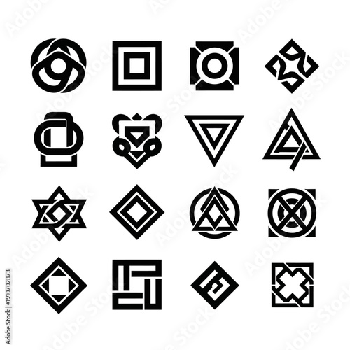Collection of geometric abstract symbols and logos in black and white.