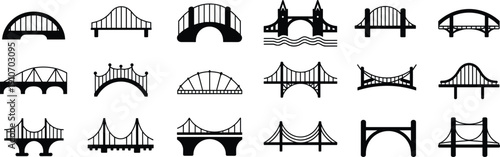 Collection of bridge silhouette icons featuring arch, suspension, and truss designs in black vector isolated on white background for architecture and urban travel projects.