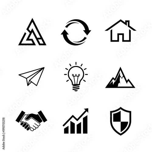 Collection of minimalist black and white business and abstract icons.