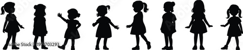 Collection of cute little girl silhouettes in various poses, standing and walking, isolated black vector set on white background for childhood creative design projects.