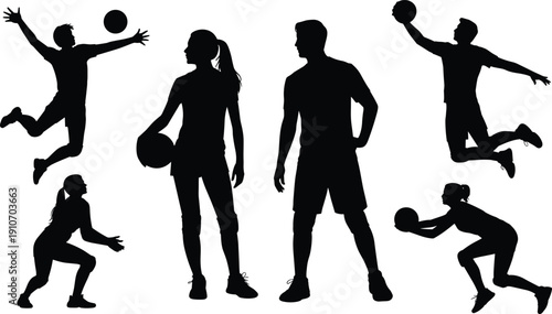 Professional volleyball player silhouettes set with men and women athletes jumping, serving, spiking, and passing ball in various action poses for sports competition design.