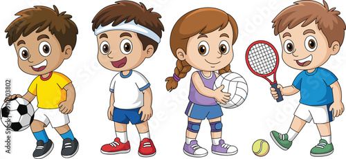 Vector illustration of four diverse happy cartoon children playing different sports including soccer football volleyball and tennis isolated on a white background for educational school projects