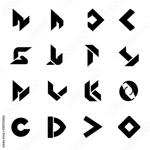 Set of abstract geometric shapes and arrows in black, modern design elements.